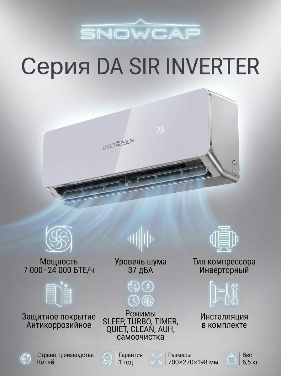 Кондиционер SNOWCAP-AC 09 DA SIR INVERTER серебристый + монтажный комплект